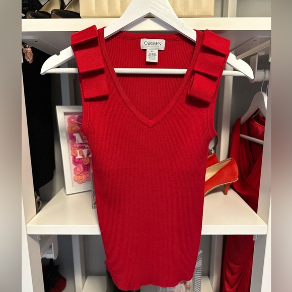 Carmen Marc Valvo Shoulder Bow V-Neck Sleeveless Sweater Tank - Picture 2 of 3